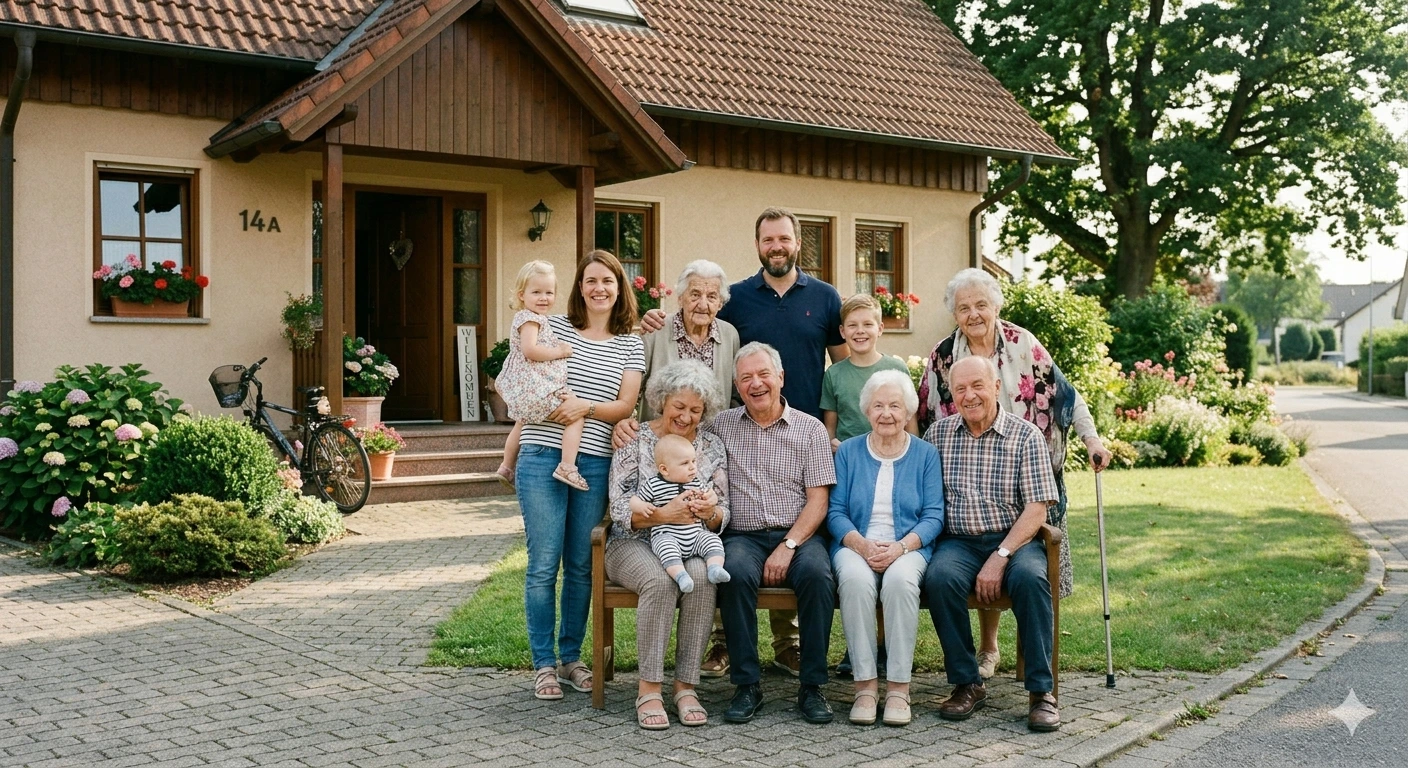 Haus überschreiben: Vermögen über Generationen weitergeben. Mehrere Generationen sitzen vor einem Einfamilienhaus.