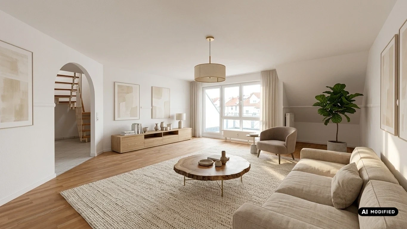 Modern eingerichtetes Wohnzimmer mit vielen Beige-Tönen und viel Tageslicht