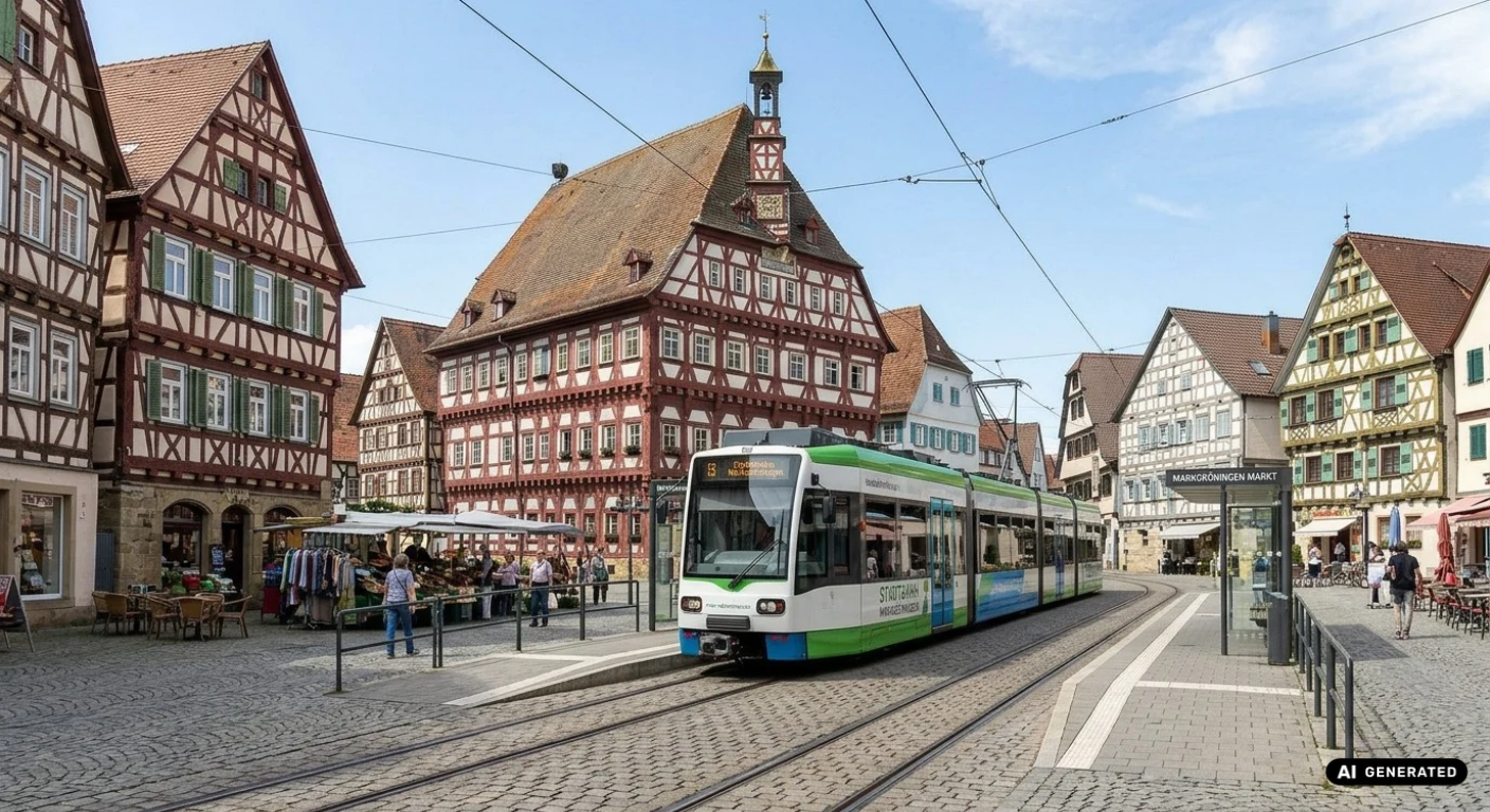 Eine Stadtbahn hält auf dem Markgröninger Schlossplatz