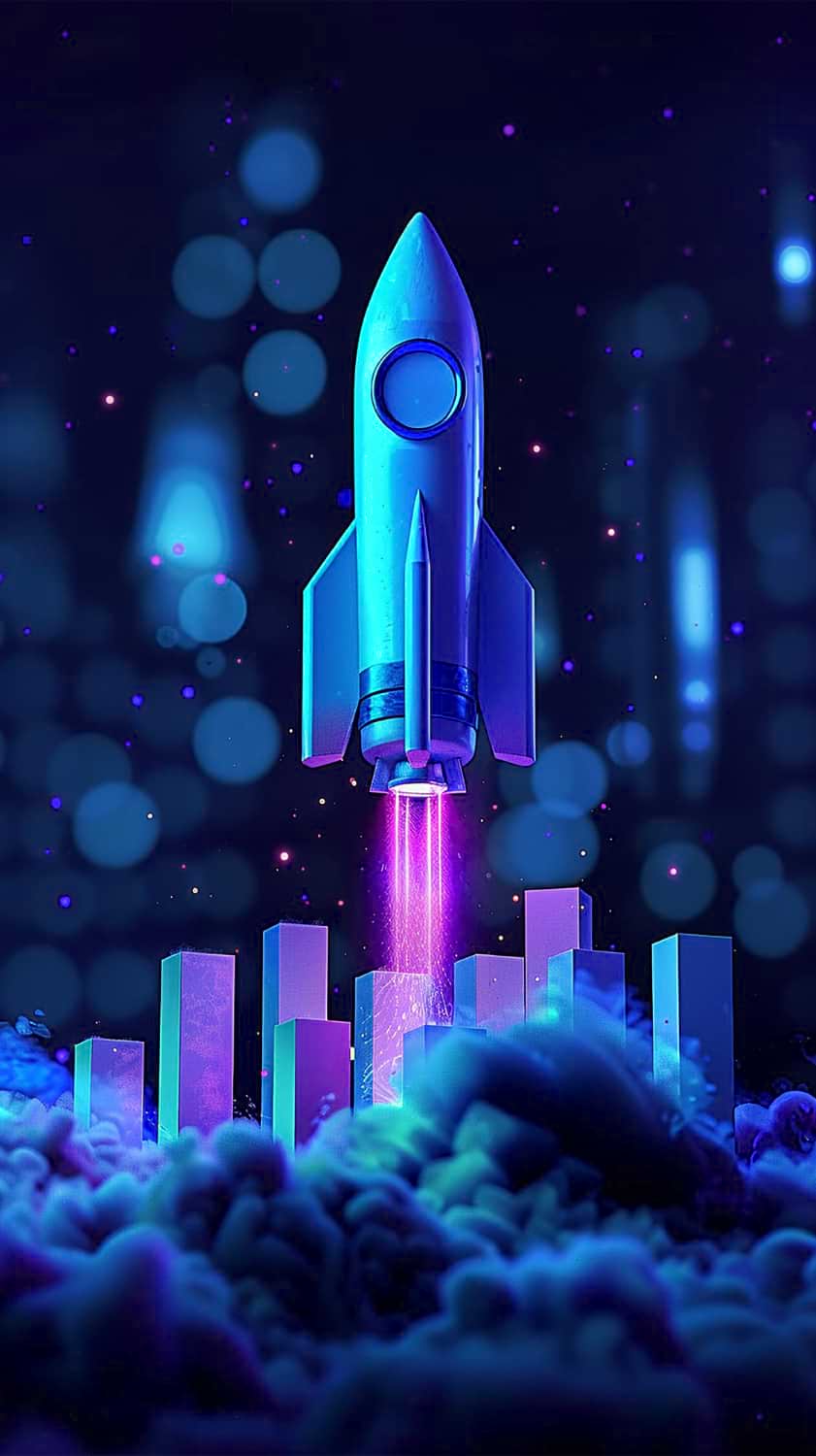 Foguete azul a descolar com raios de energia roxa, acima de gráficos verticais coloridos e névoa azul.