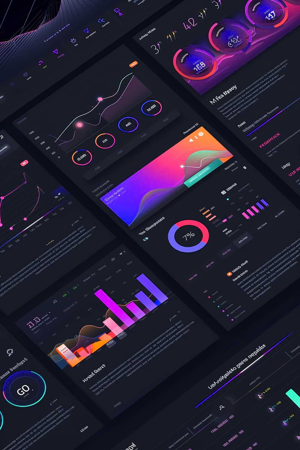 Interface escura com vários gráficos interativos coloridos, incluindo gráficos de linhas, barras e circulares.