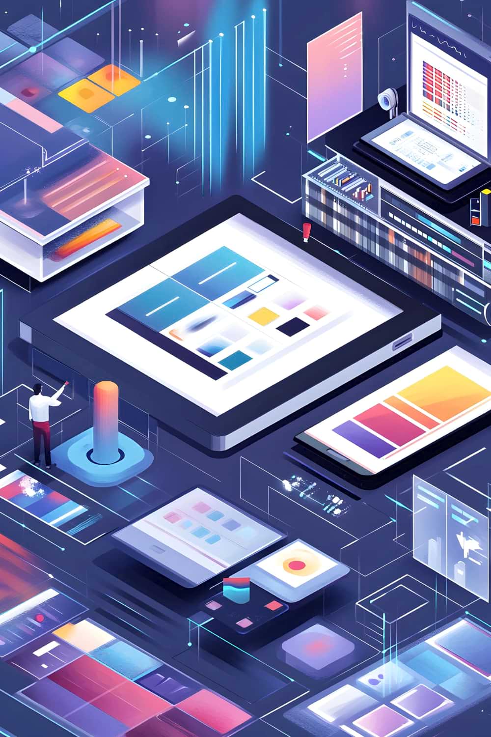 Ilustração digital de dispositivos futuristas exibindo gráficos, interfaces e painéis interativos em um ambiente tecnológico.