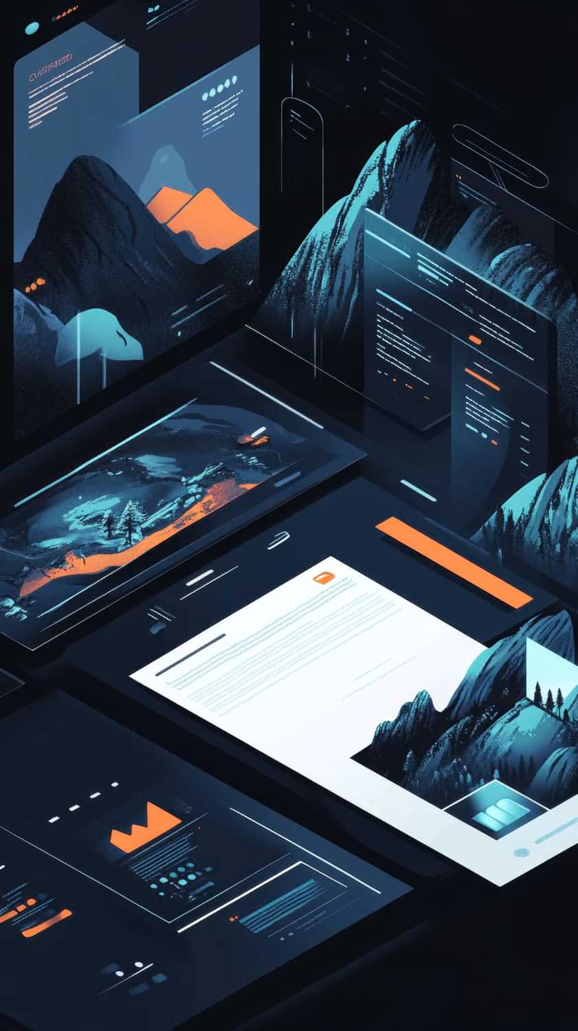 Interface futurista que mostra múltiplos painéis digitais com gráficos, imagens de montanhas e texto, em tons de azul e laranja.