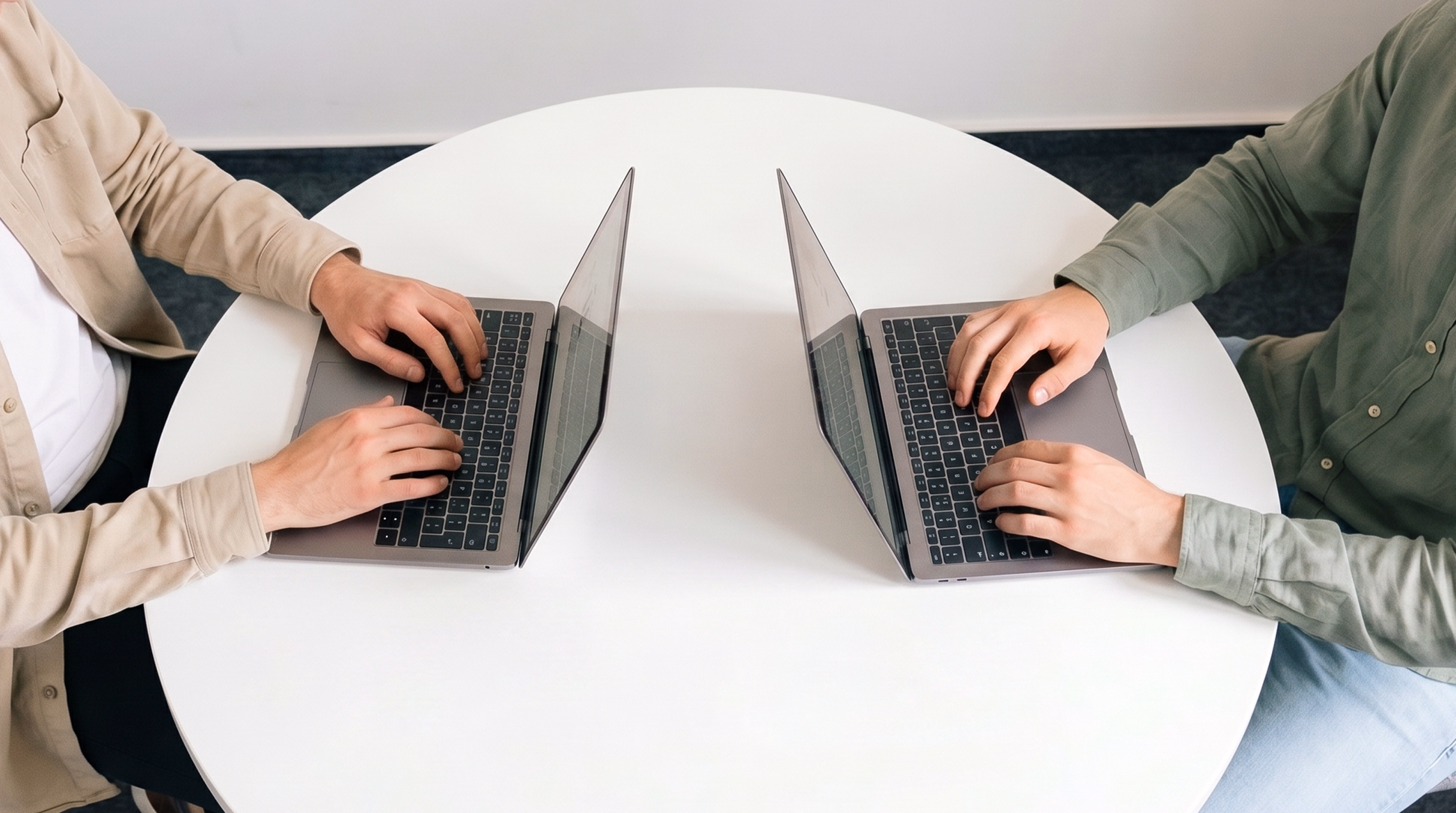 Two people typing on laptops while sitting across from each other at a round white table.