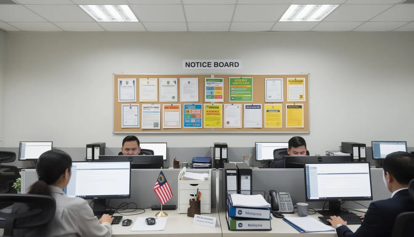 The image depicts a Malaysian workplace with prominently displayed insurance certificates and safety notices, ensuring compliance with workmen's compensation laws. These documents provide essential information about financial protection and liability coverage for employees in the event of personal injury or occupational diseases during the course of their employment.