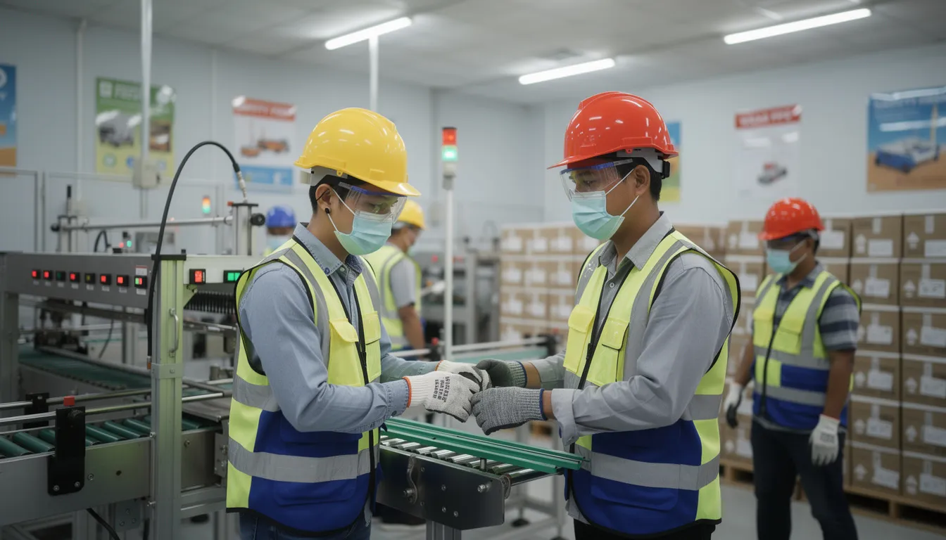 The image shows Malaysian workers in a manufacturing facility, all wearing proper safety equipment such as helmets and gloves, highlighting the importance of protection in the workplace. This scene emphasizes the need for workmen's compensation insurance to cover any potential personal injuries or occupational diseases that may arise during the course of their employment.