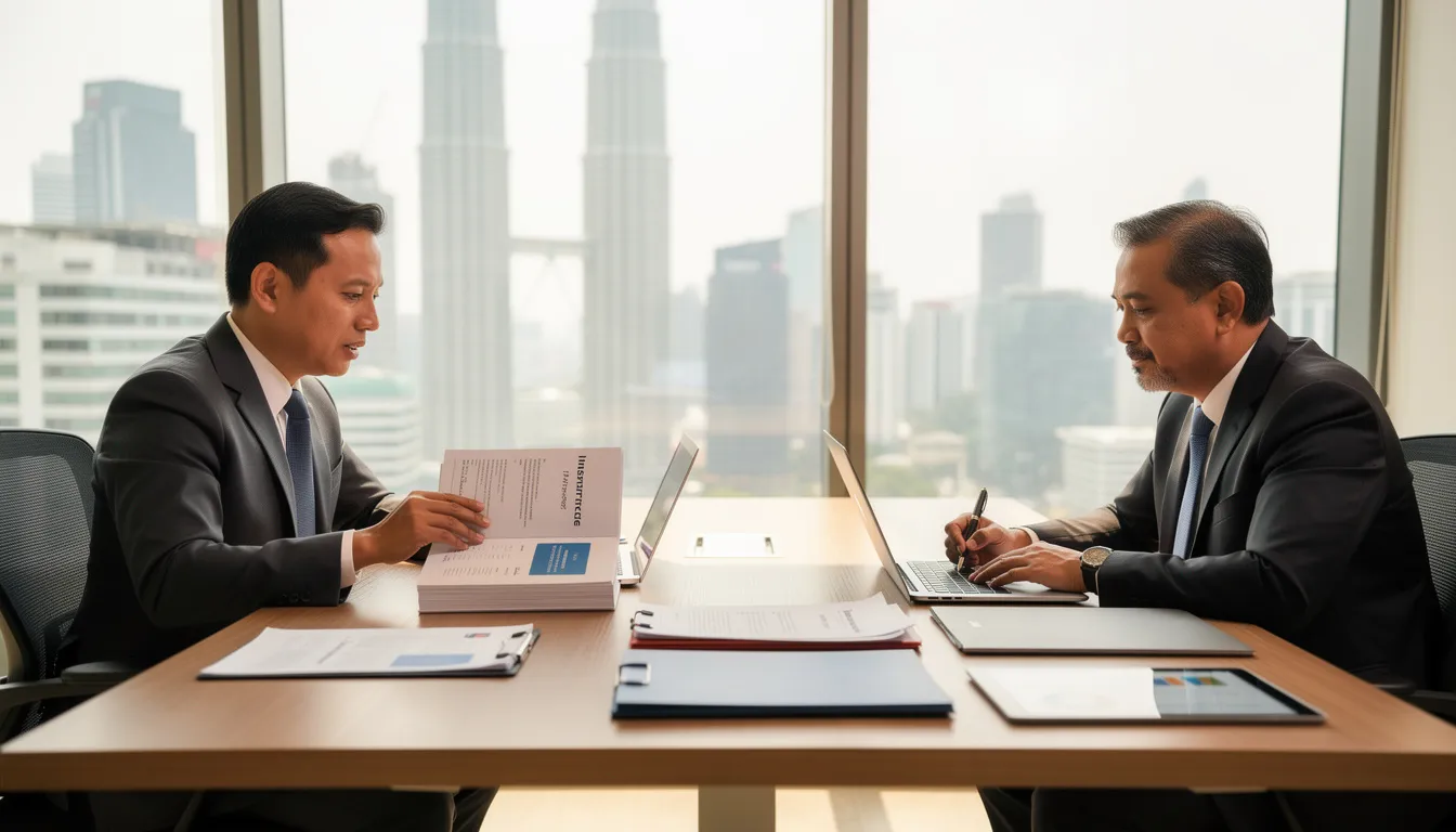An insurance agent is seated at a table with a Malaysian business owner, discussing various policy options related to workmen's compensation insurance. The meeting focuses on coverage for personal injury sustained by employees during the course of their employment, including potential compensation for occupational diseases and legal costs associated with claims.