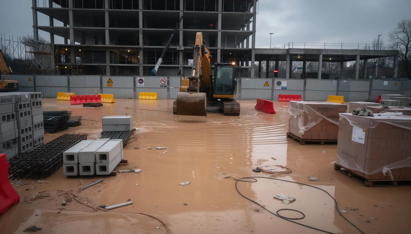 The image depicts a flooded construction site where various pieces of machinery and construction materials are partially submerged in water, illustrating the risks of unforeseen physical loss during the construction period. This scene highlights the importance of contractor all risks insurance to protect against potential damage to property and liabilities associated with such accidents.