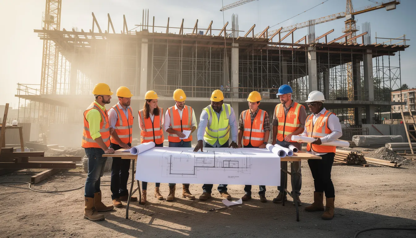 A group of construction professionals is gathered at a building site, intently reviewing blueprints and discussing the details of their engineering project. They are assessing the risks associated with the construction period, including potential accidental bodily injury and property damage, while ensuring they have the appropriate contractors all risks insurance coverage in place.