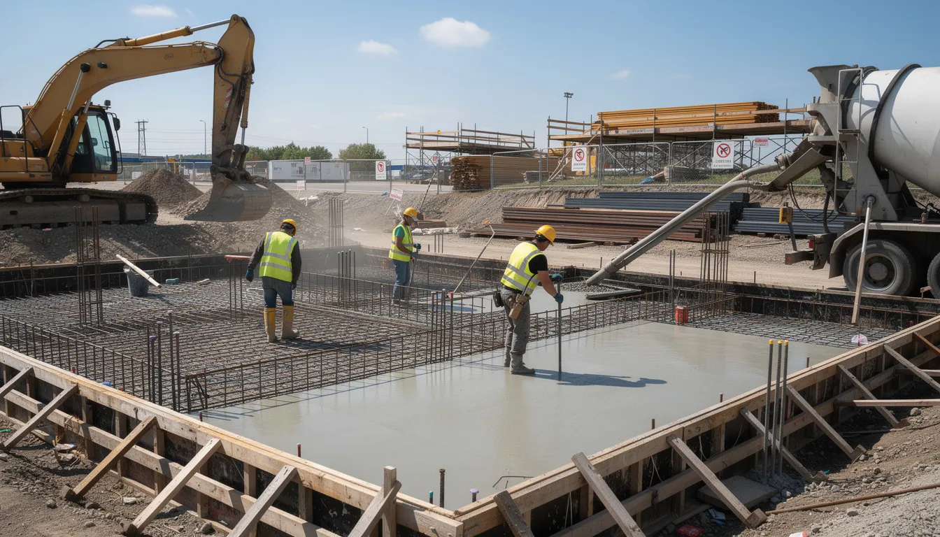 The image depicts a bustling construction site where workers are actively engaged in building a foundation, surrounded by heavy machinery such as excavators and cranes. This scene highlights the importance of contractor all risks insurance to protect against potential liabilities, including accidental bodily injury and property damage during the construction period.