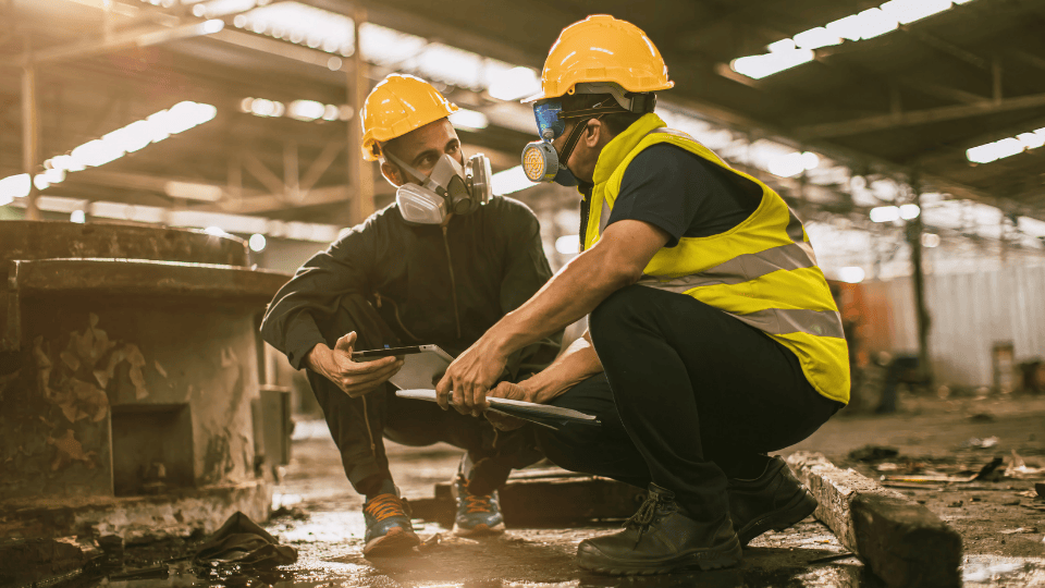 Two people wearing hard hats and masks checking equipment inside an industrial space.