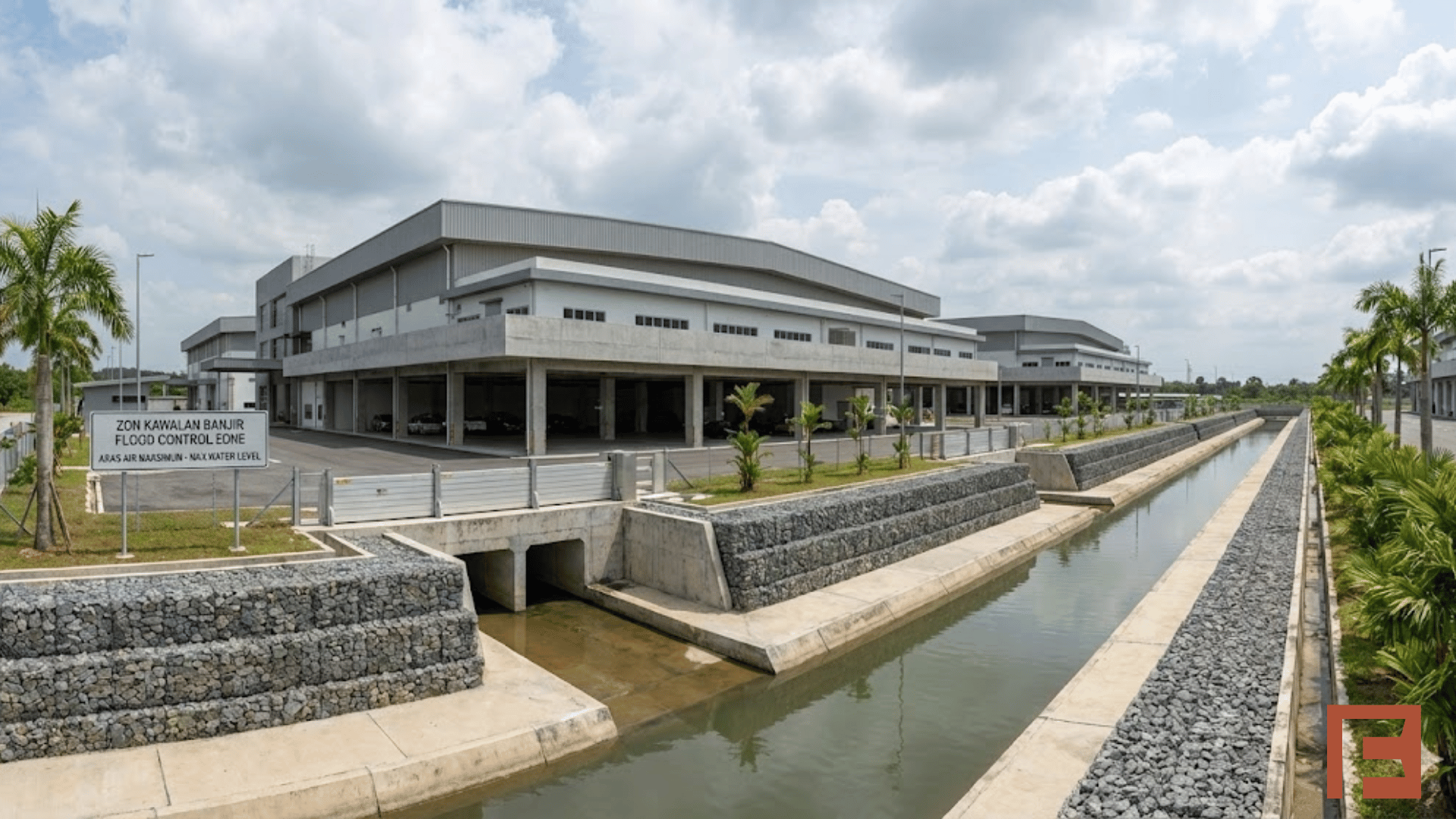 Flood mitigation systems installed around a factory building in Malaysia