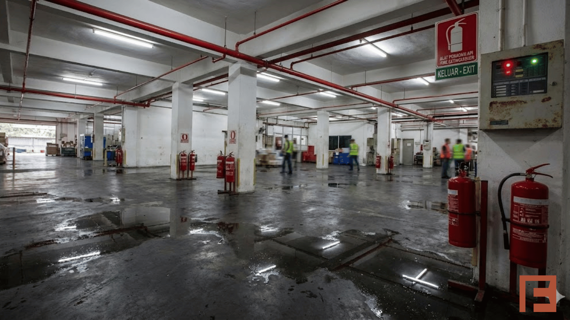 Factory fire protection systems in Malaysia with visible water exposure on the floor