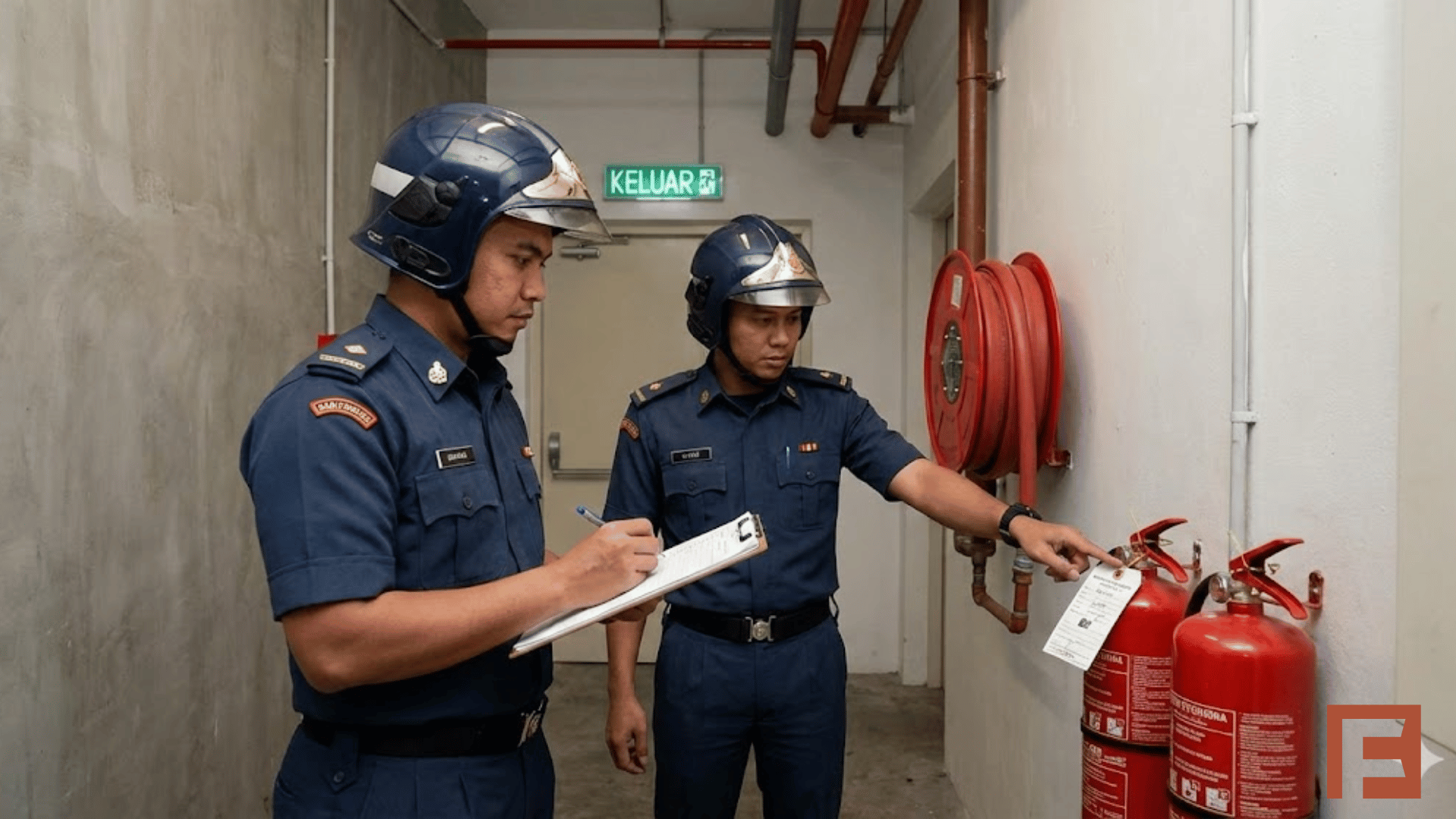 Fire officers inspecting fire safety equipment inside a Malaysian building