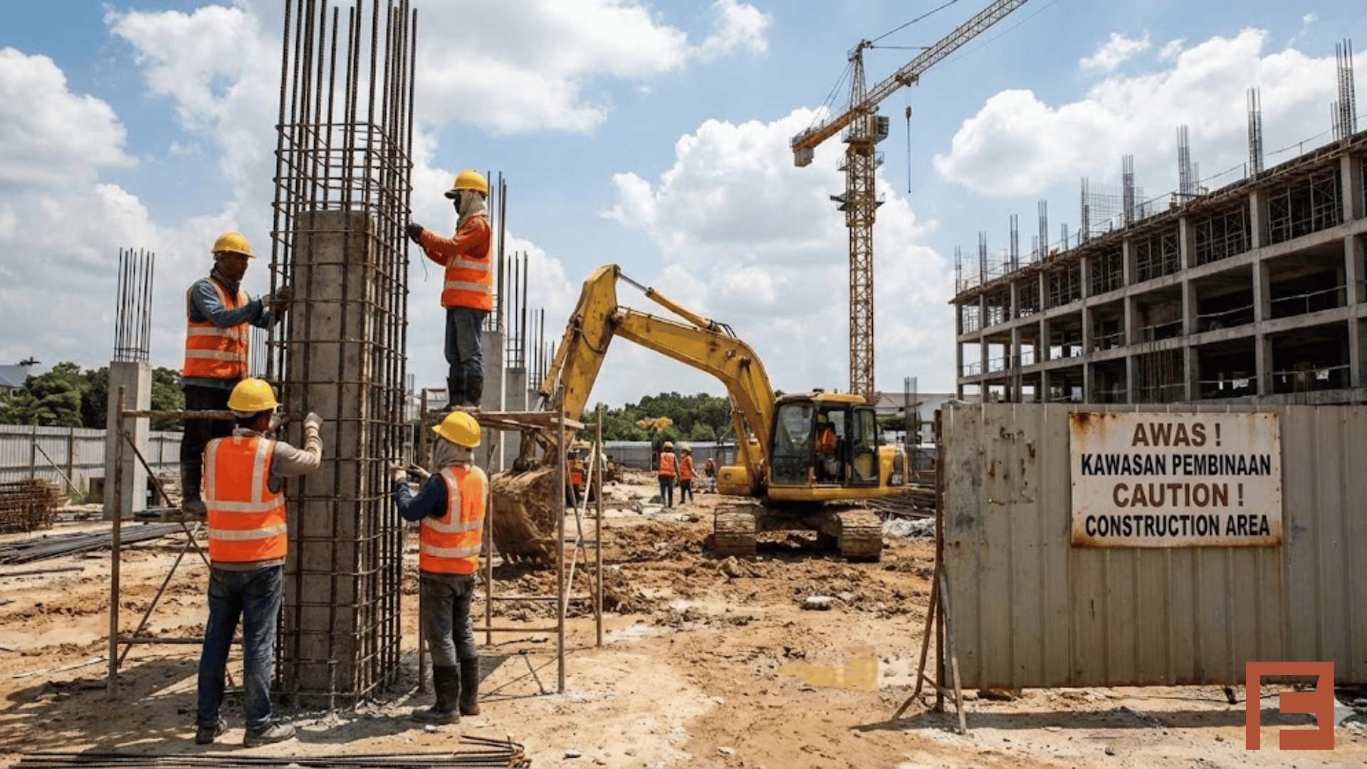 Construction site in Malaysia with workers and machinery operating safely
