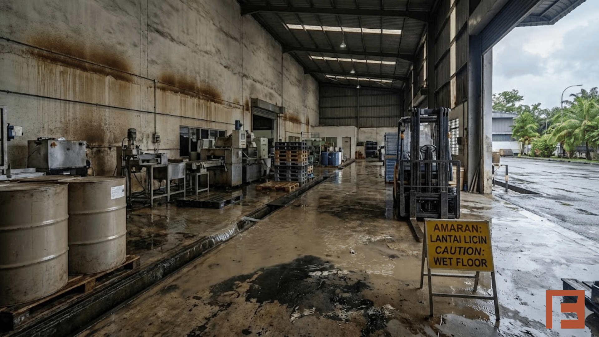 Water damage inside a Malaysian factory after flooding, showing wet floors and industrial equipment