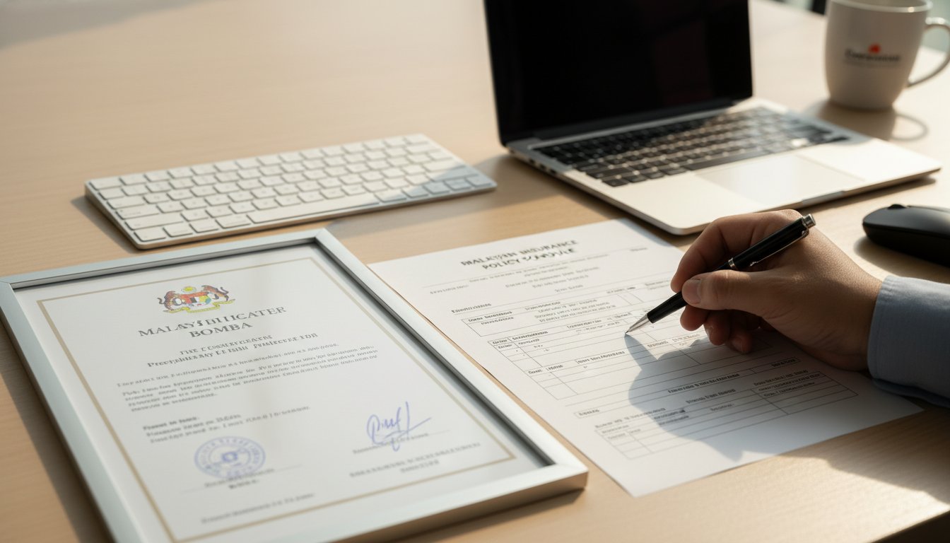 BOMBA fire certificate and Malaysia fire insurance policy side by side on a desk