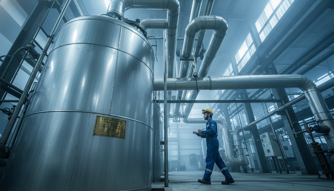 Vertical pressure vessel with CF placard in a Malaysian process plant