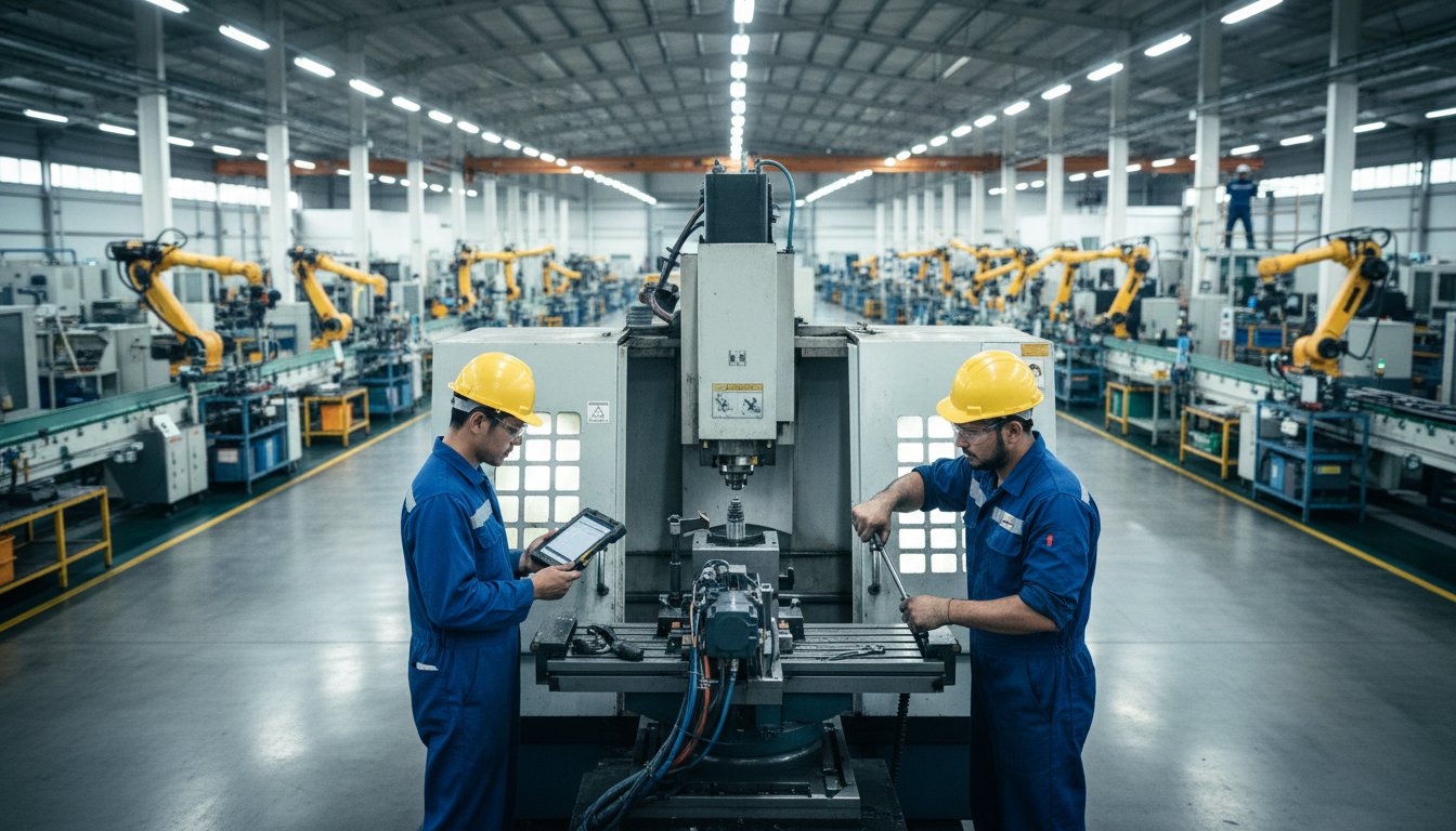 CNC machine being serviced in a Malaysian factory with redundant lines behind