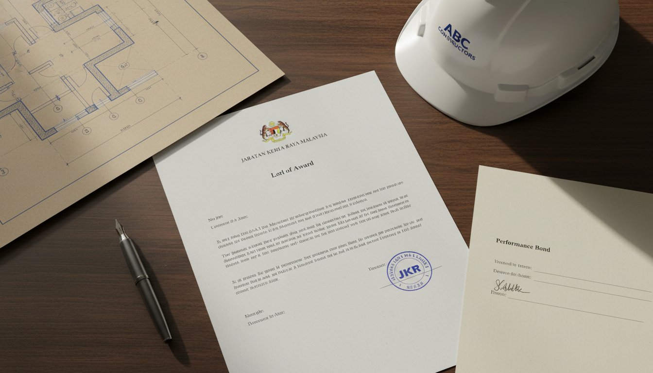 JKR Letter of Award document, hard hat, blueprint and performance bond form on a desk