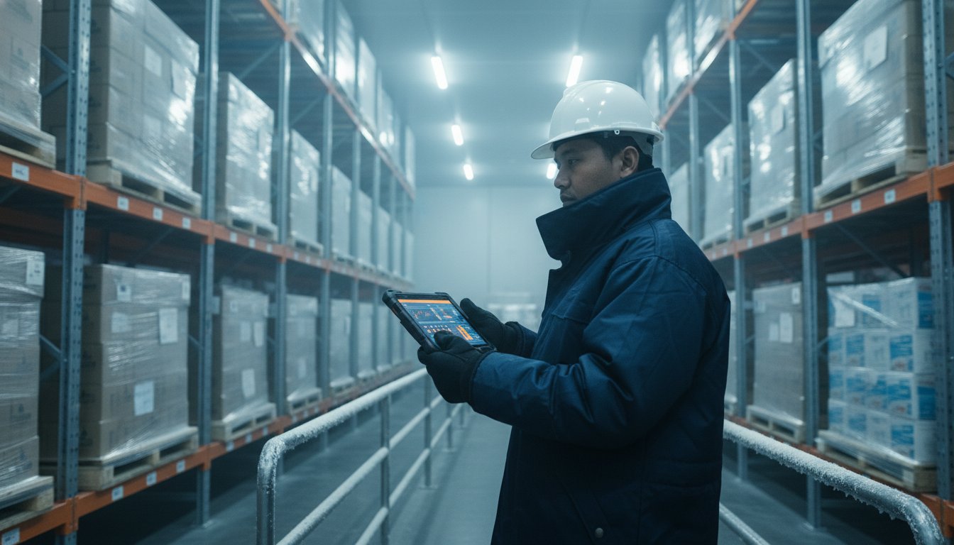 Cold storage worker with tablet inspecting frozen food pallets in a Malaysian warehouse