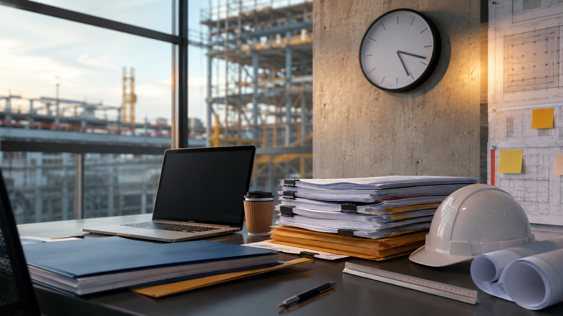 Unbranded tender documents and construction plans prepared beside a hard hat with a site deadline in view.