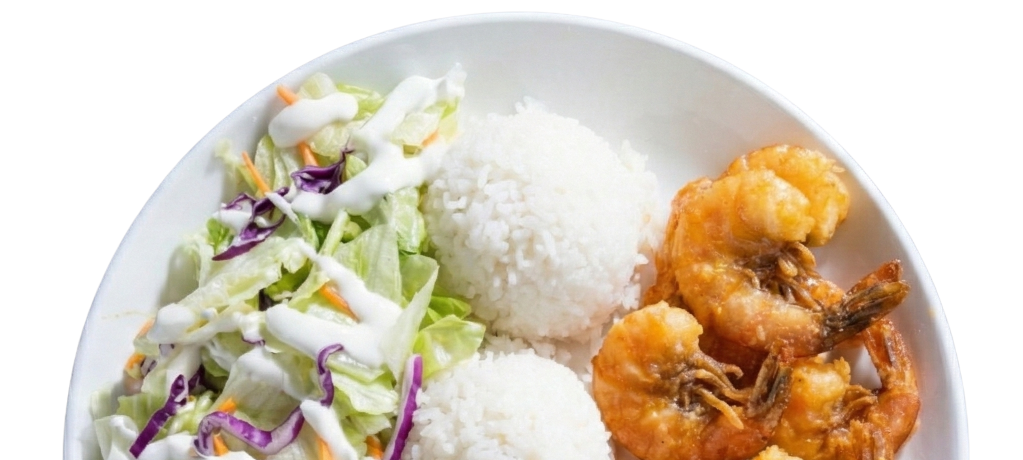 Plate with two scoops of white rice, three fried shrimp, and a side salad with lettuce, shredded carrots, purple cabbage, and ranch dressing.