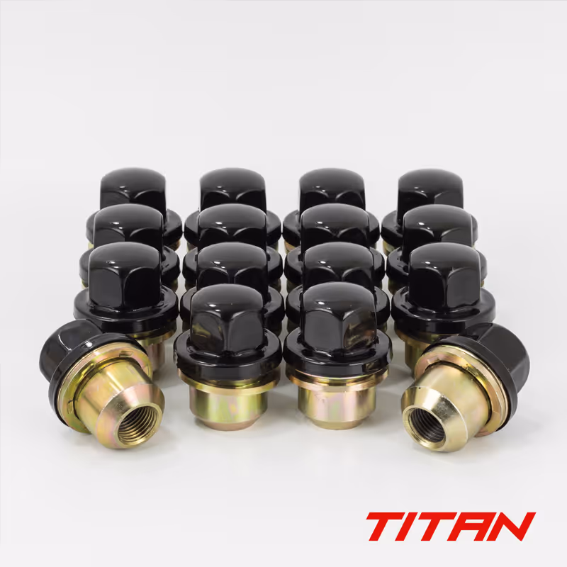 Set of black and gold lug nuts arranged in a grid on a white surface with TITAN logo in the bottom right corner.