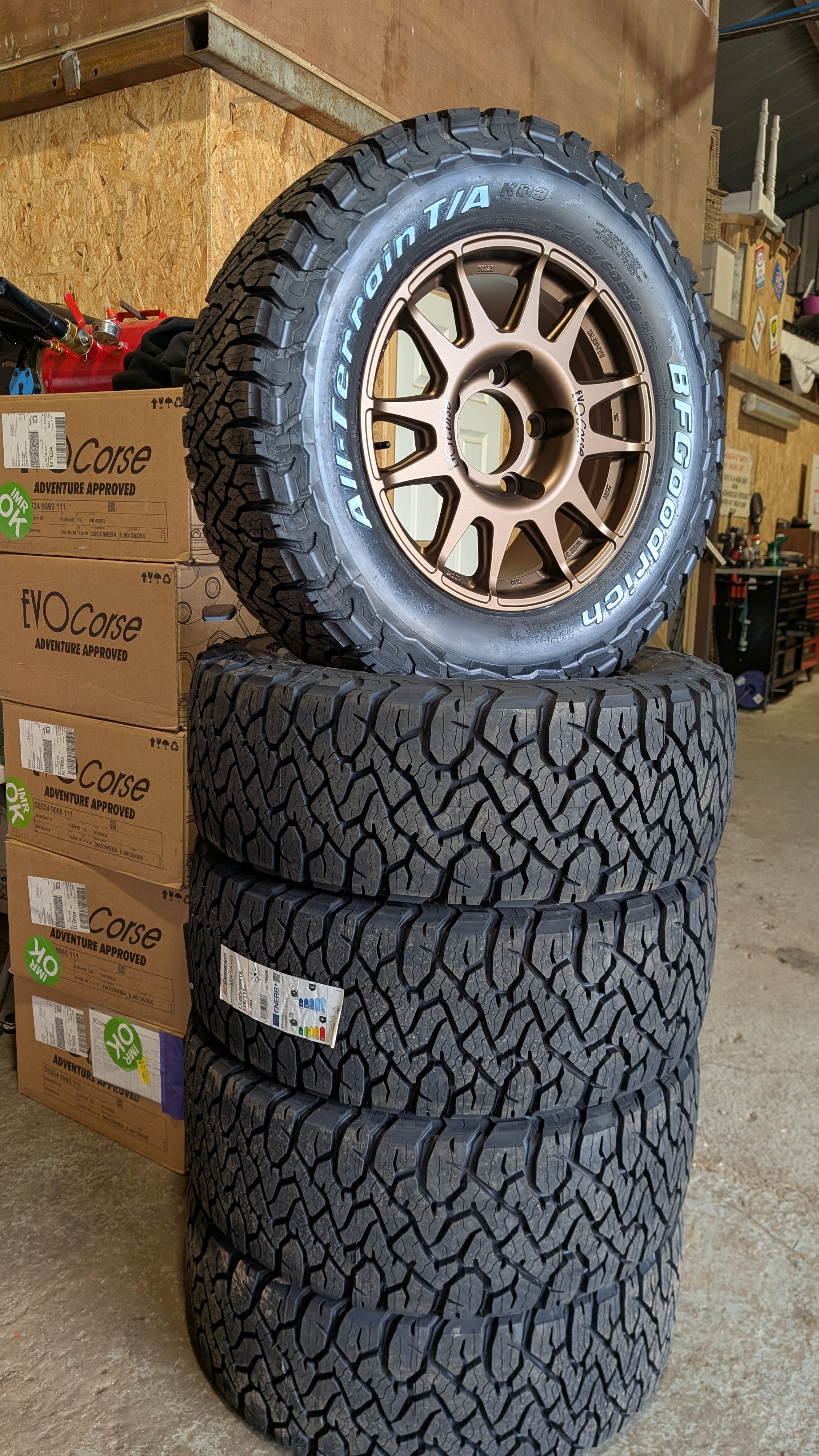 Set of 5 EVO Corse DakarZero 8.5 x 18" ET18 wheels in Satin Bronze - fitted with BFG KO3 285/60/18 tyres