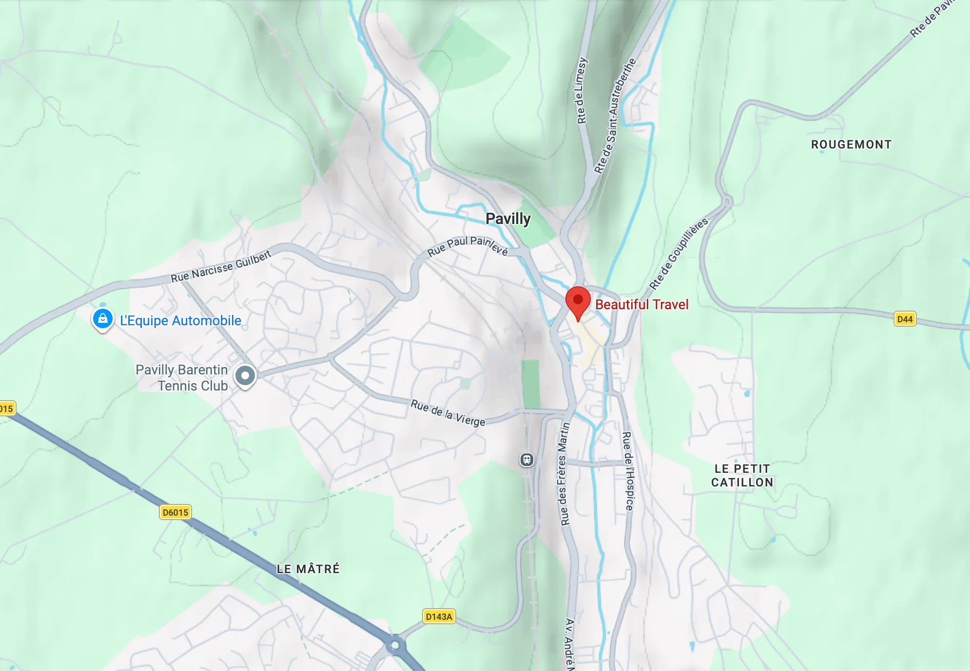 Carte de Pavilly avec localisation de Beautiful Travel, routes principales et points d'intérêt comme le Pavilly Barentin Tennis Club.