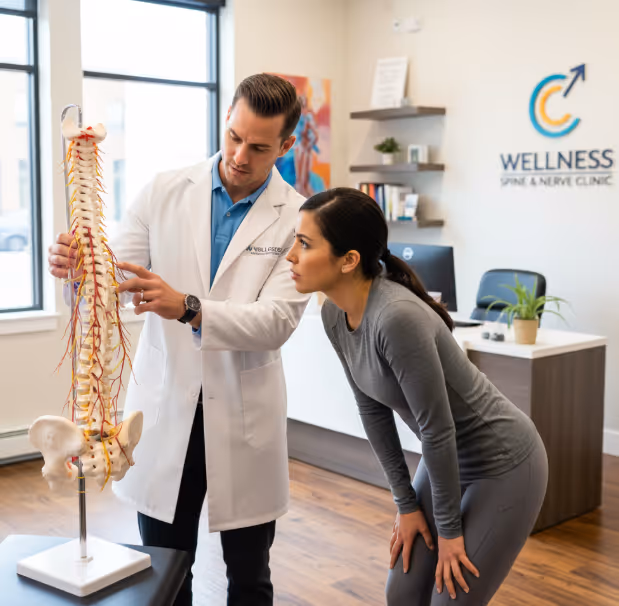 Professional chiropractor examining spine model while explaining nervous system to patient