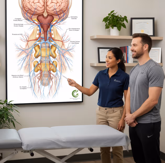 Detailed anatomical diagram showing upper cervical spine alignment and brainstem connection