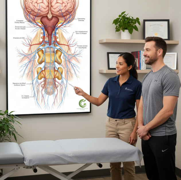 Detailed anatomical diagram showing upper cervical spine alignment and brainstem connection