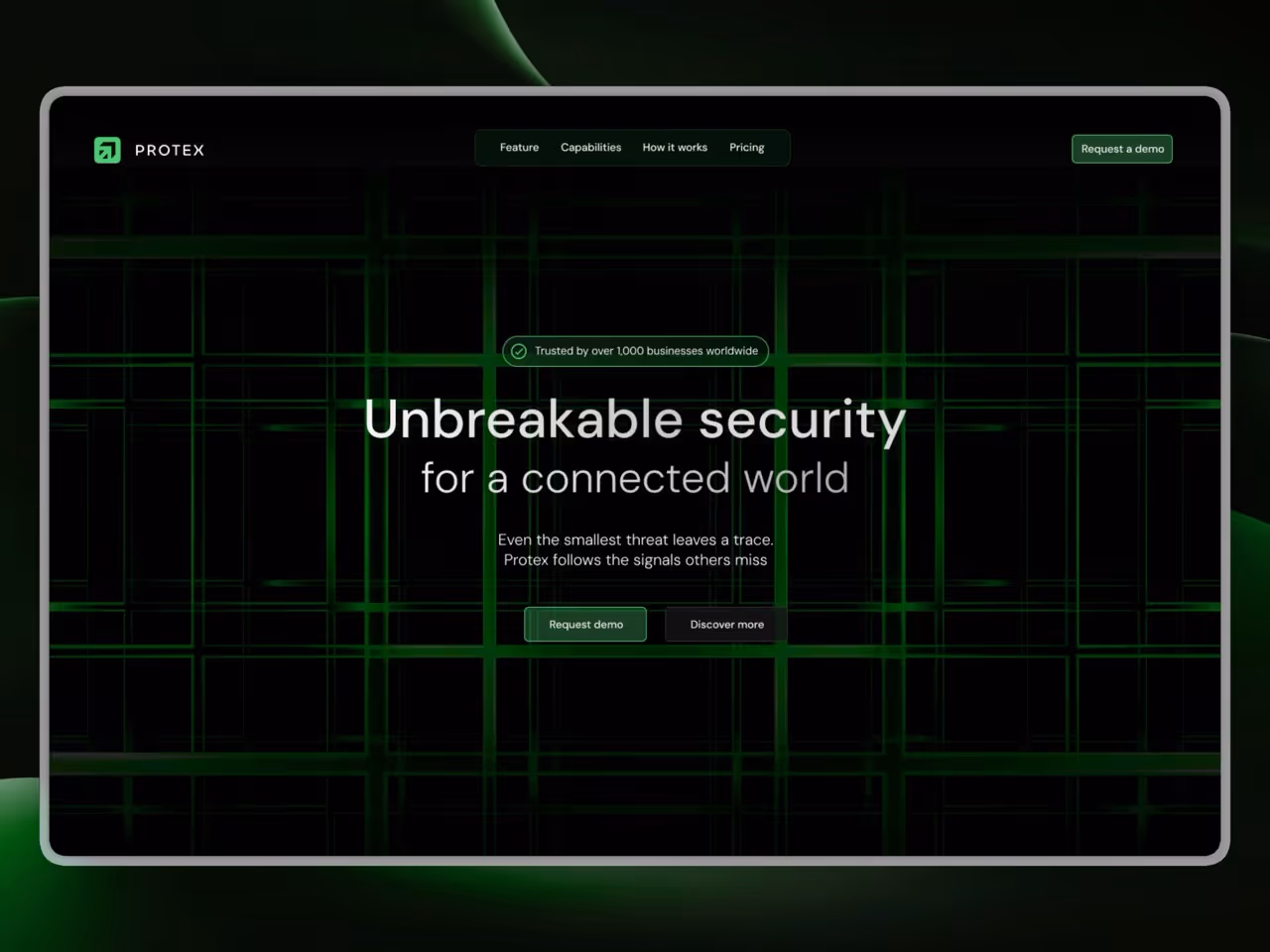 Protex - Dark mode cybersecurity SaaS website template with neon interaction accents.