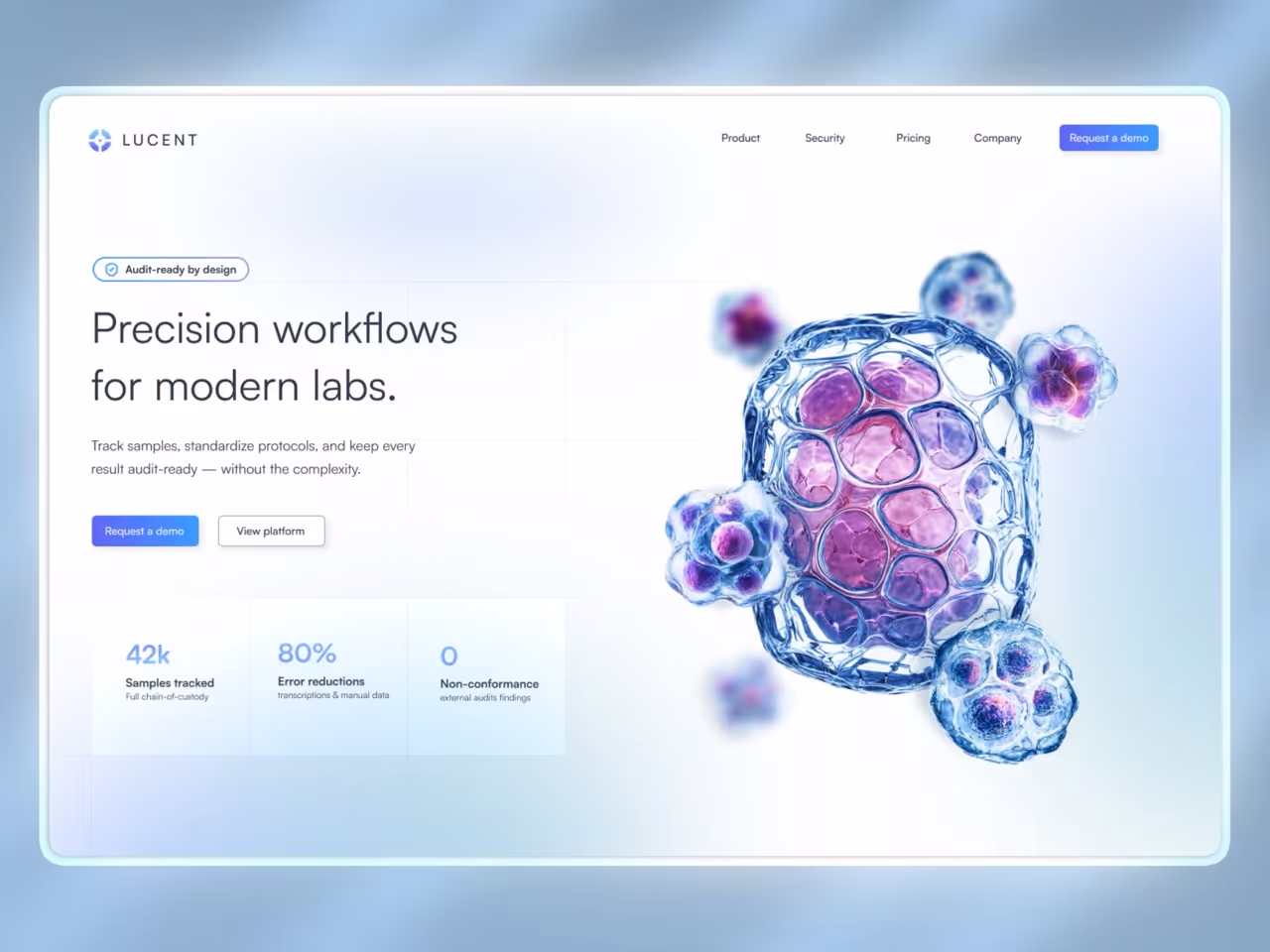 Lucent - Scientific and medical data platform website design featuring 3D elements.