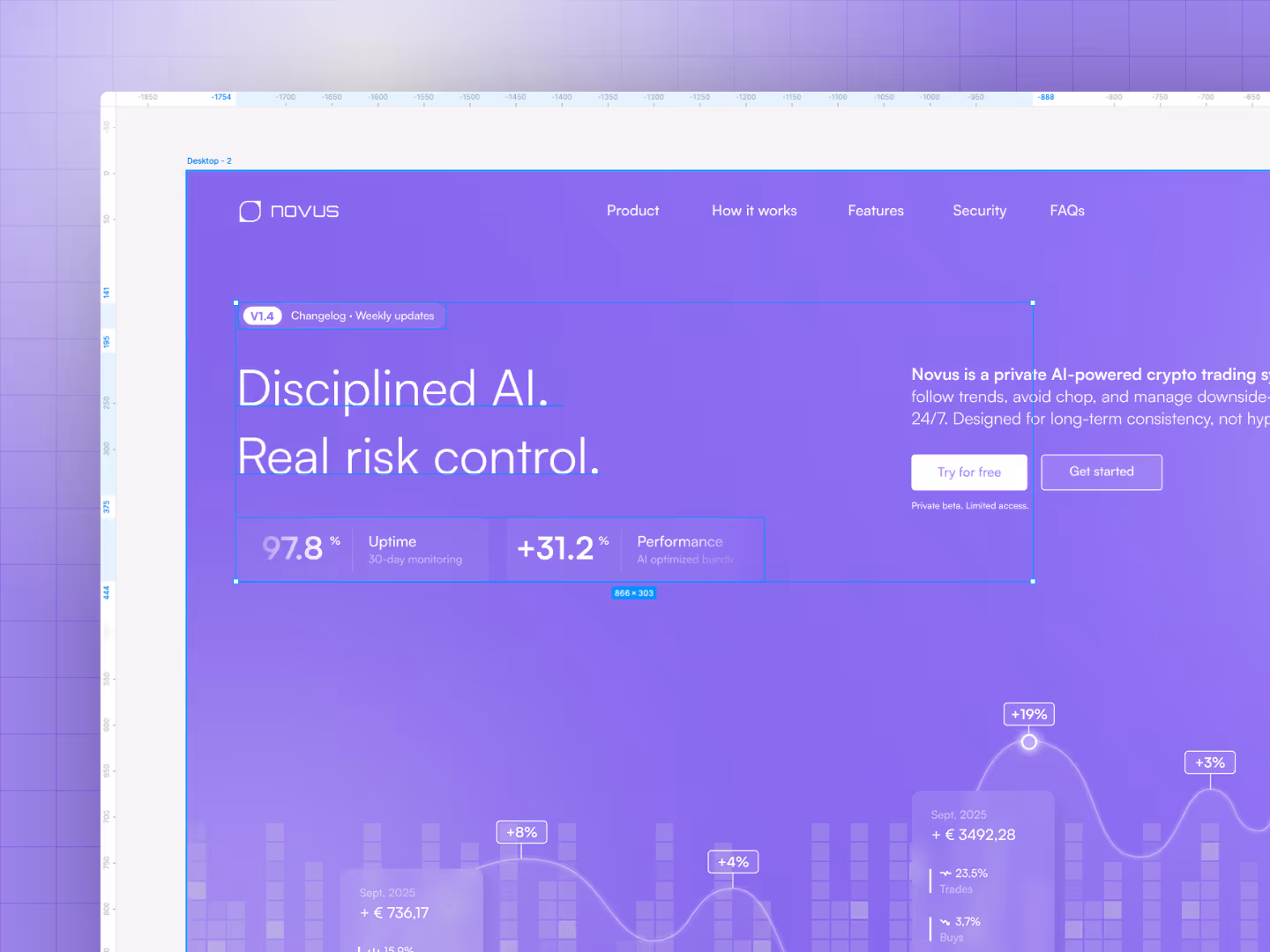 Modern SaaS landing page interface design showing a scalable design system for Novus.