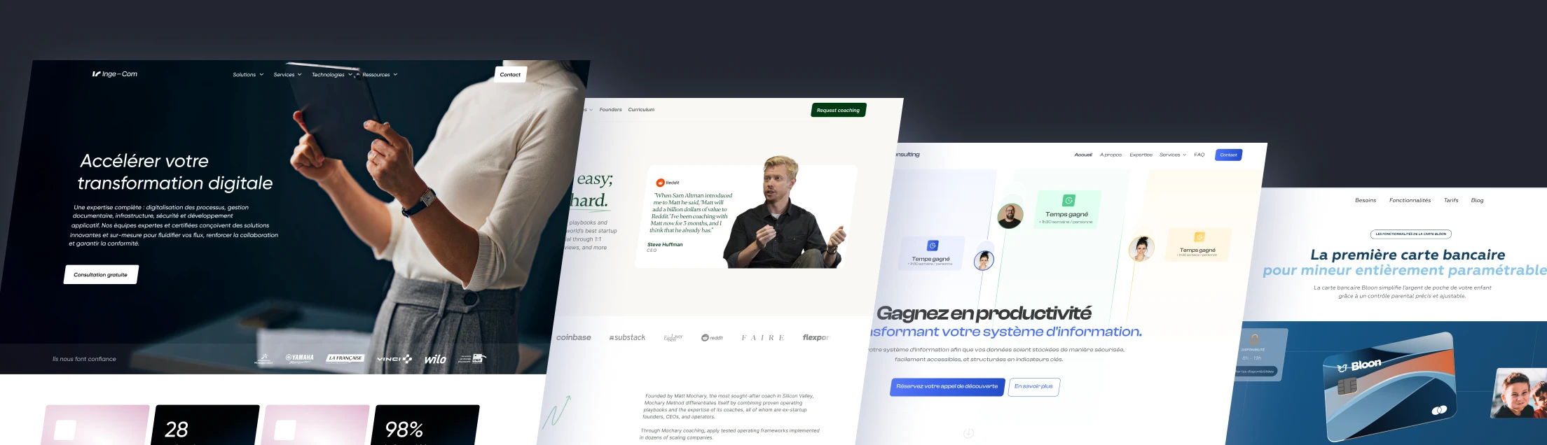 Aperçu de projets réalisés : sites web pour Inge-Com, 4IT Conseil, Mochary et Bloon.
