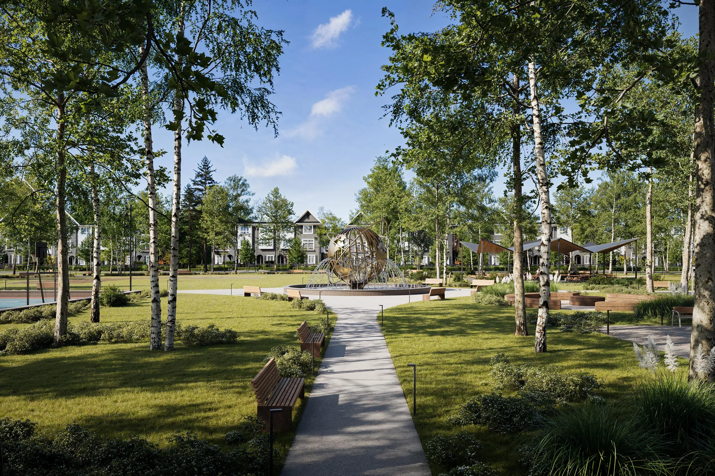 Queens by Dawson + Sawyer community park and exterior townhomes