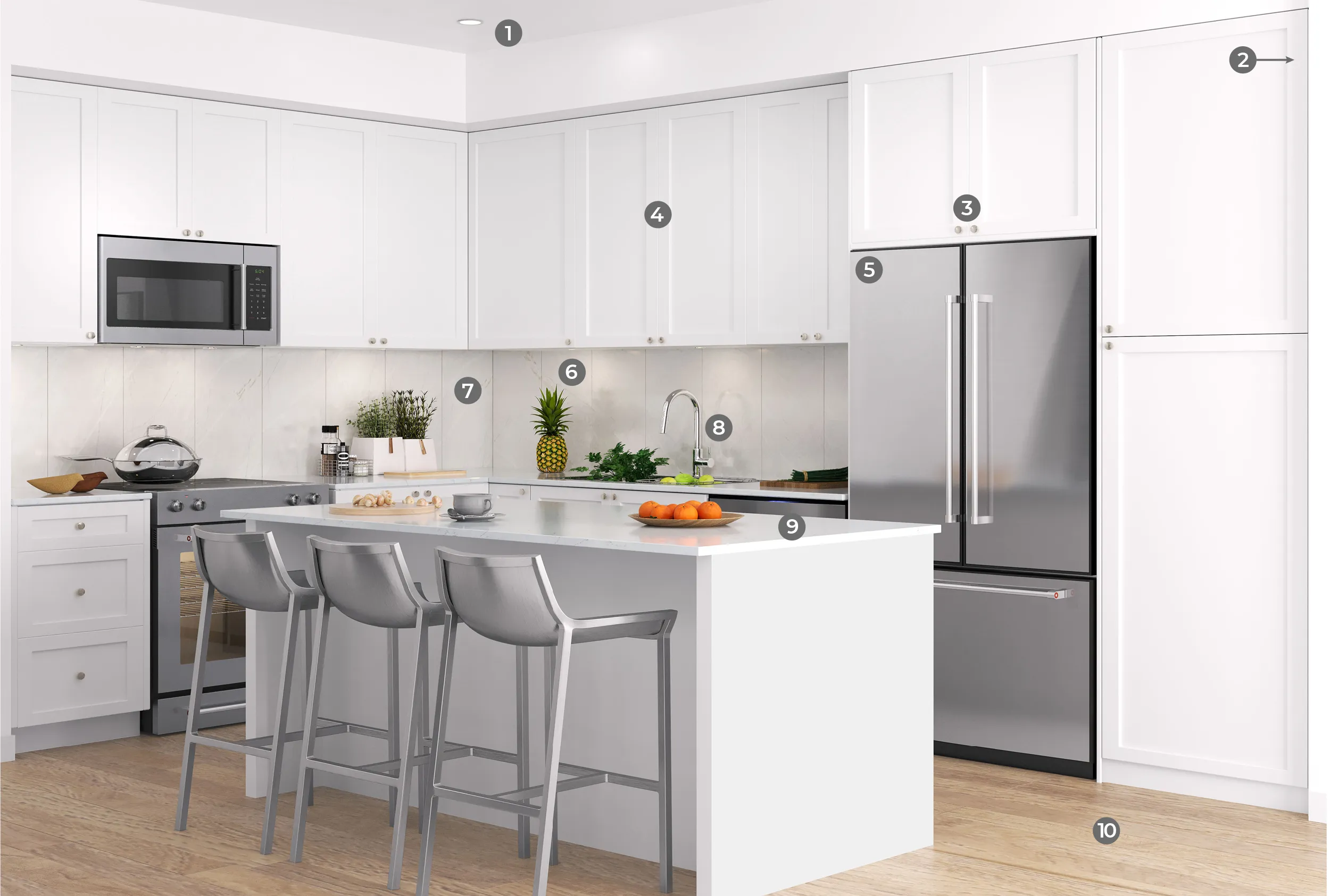 Modern kitchen with white cabinets, stainless steel appliances, a kitchen island with three gray bar stools, and fruits on the countertop.