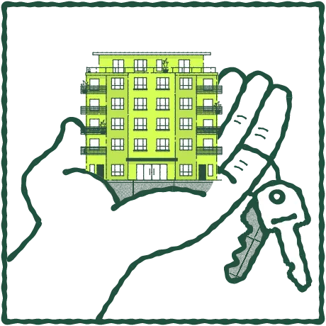 Illustration of a white hand holding a small green apartment building and a key, symbolizing property ownership or rental.