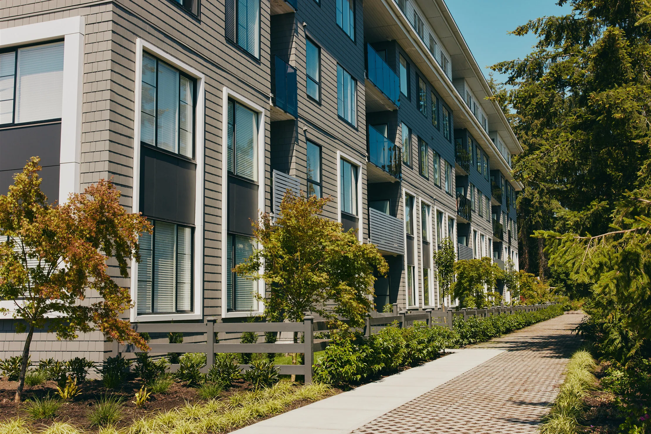 Modern apartment building with multiple windows and balconies alongside a landscaped sidewalk with trees and shrubs at Fleetwood Village Condos