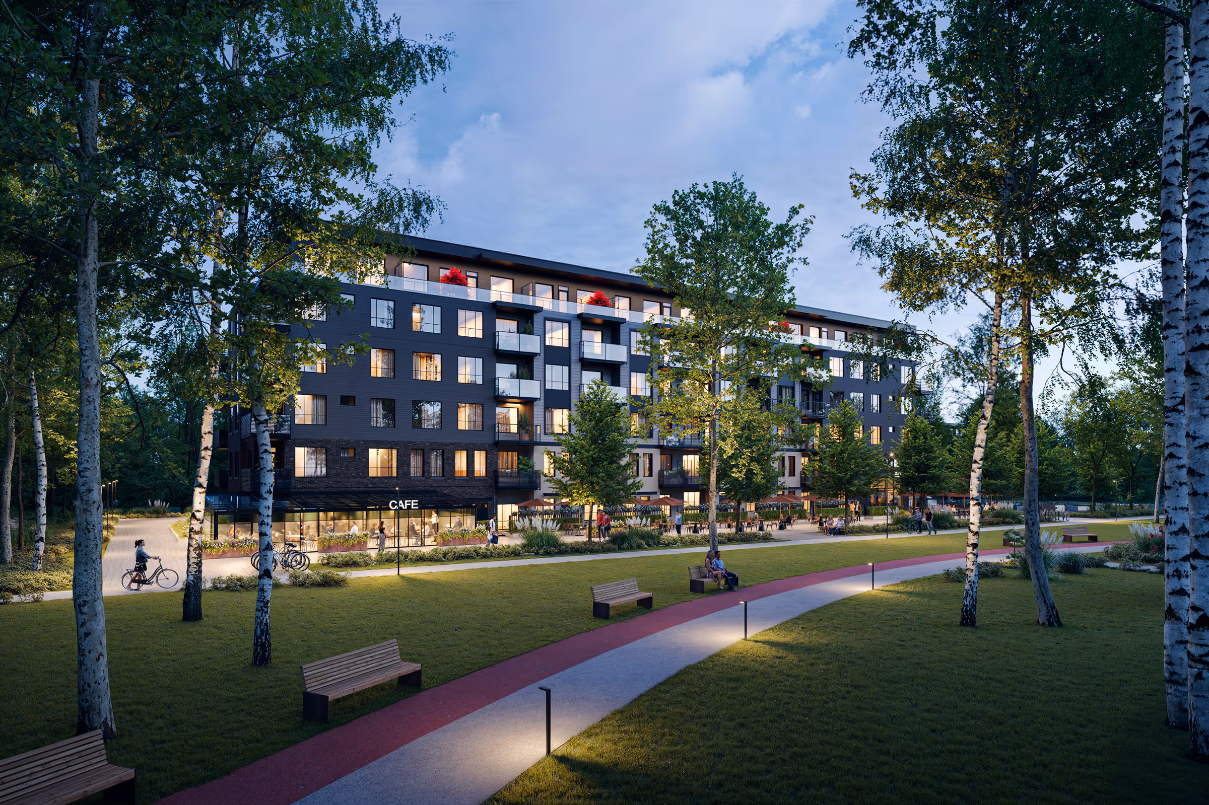 Artists rendering of Queens building with lit windows and balconies near a park with a paved walking path, benches, trees, and people sitting and cycling at dusk.