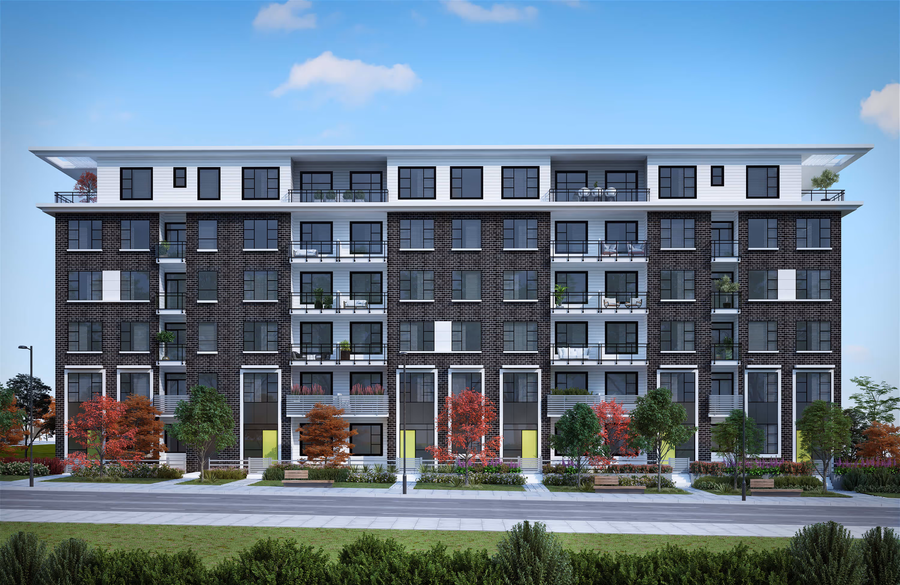 Artists rendering of Fleetwood Village condo building with black brick facade, balconies, and surrounding trees with autumn foliage.
