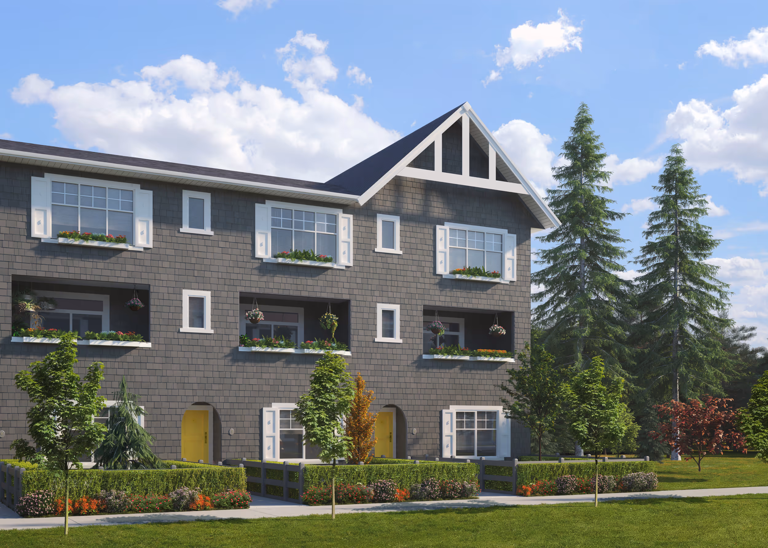 Artists rendering of Fleetwood Village Townhomes with gray siding, white trim, flower boxes under windows, yellow front doors, and landscaped yard with trees and shrubs.