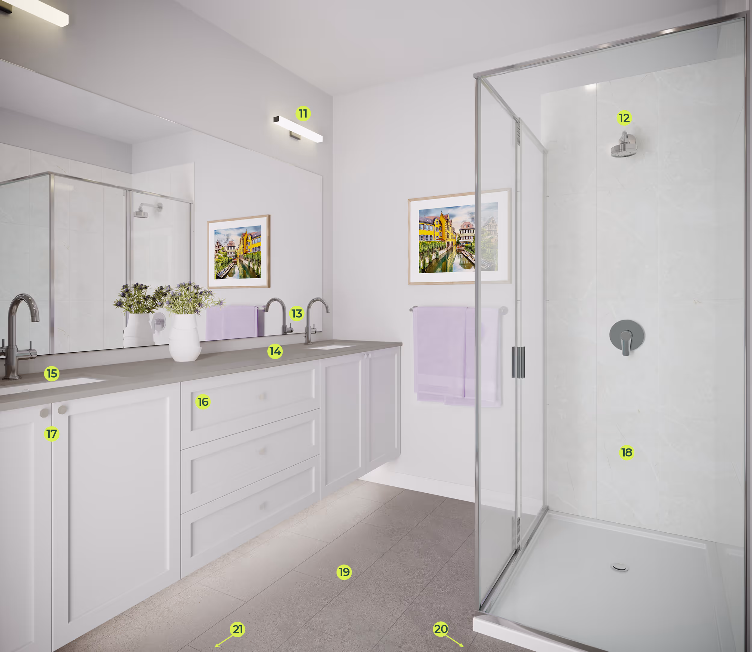 Modern bathroom interior with light double vanity featuring white countertop, two faucets, red flowers in glass vases, large mirror at Dawson + Sawyer townhomes