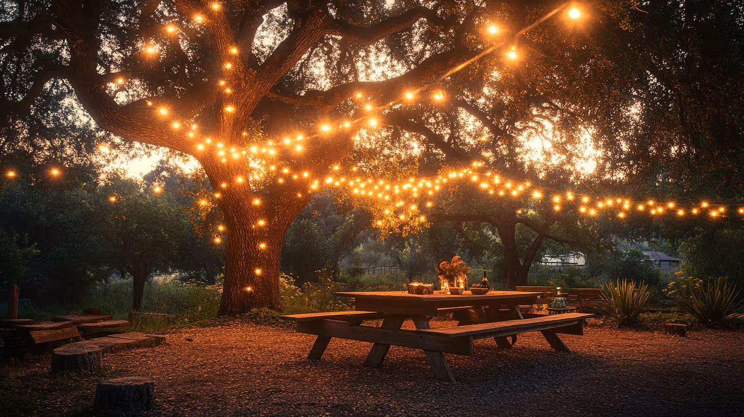 A picnic pavilion with timber tables and benches illuminated by warm evening lighting strung through surrounding trees, creating an inviting outdoor communal space.