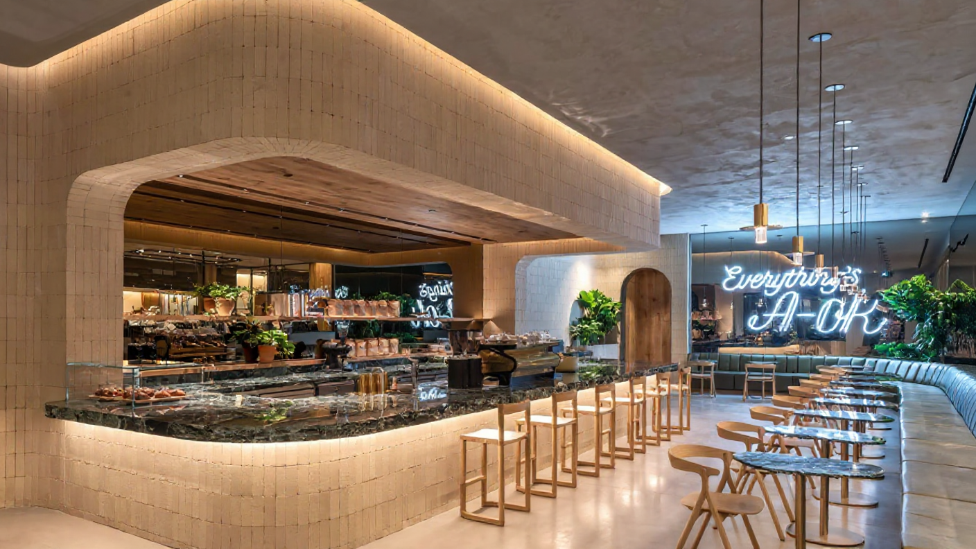 Modern café interior with a curved marble counter, wooden bar stools, tables with wooden chairs, green plants, and a neon sign reading 'Everything's A-OK'.