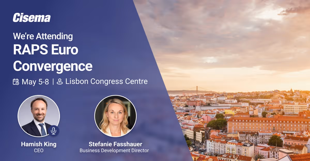 Detailed: Event announcement banner from Cisema promoting attendance at RAPS Euro Convergence in Lisbon, featuring a cityscape of Lisbon, Portugal with warm sunset lighting. The graphic includes headshots of Hamish King (CEO) and Stefanie Fasshauer (Busine