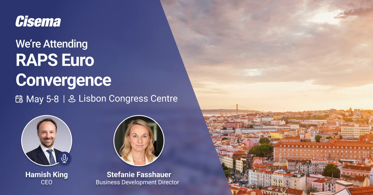 Detailed: Event announcement banner from Cisema promoting attendance at RAPS Euro Convergence in Lisbon, featuring a cityscape of Lisbon, Portugal with warm sunset lighting. The graphic includes headshots of Hamish King (CEO) and Stefanie Fasshauer (Busine