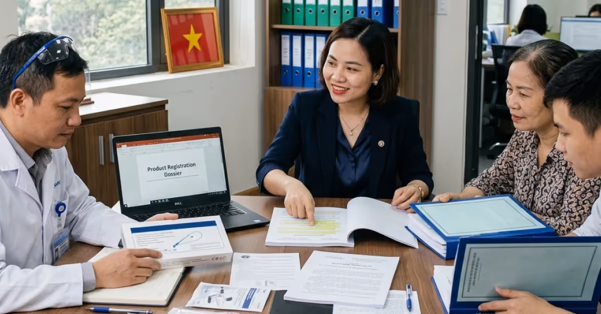Four professionals sit around a meeting table reviewing printed documents and binders related to product registration and regulatory compliance. A laptop screen displays “Product Registration Dossier,” while one person points to highlighted sections.